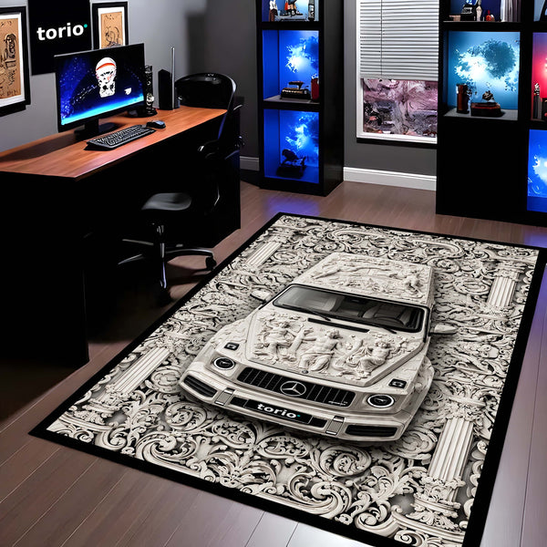 Luxury Marble Sculpture G Wagon Area Rug | Classical Art SUV Floor Mat | Baroque Relief Car Rug for Bedroom, Gaming Room & Luxury Home Decor