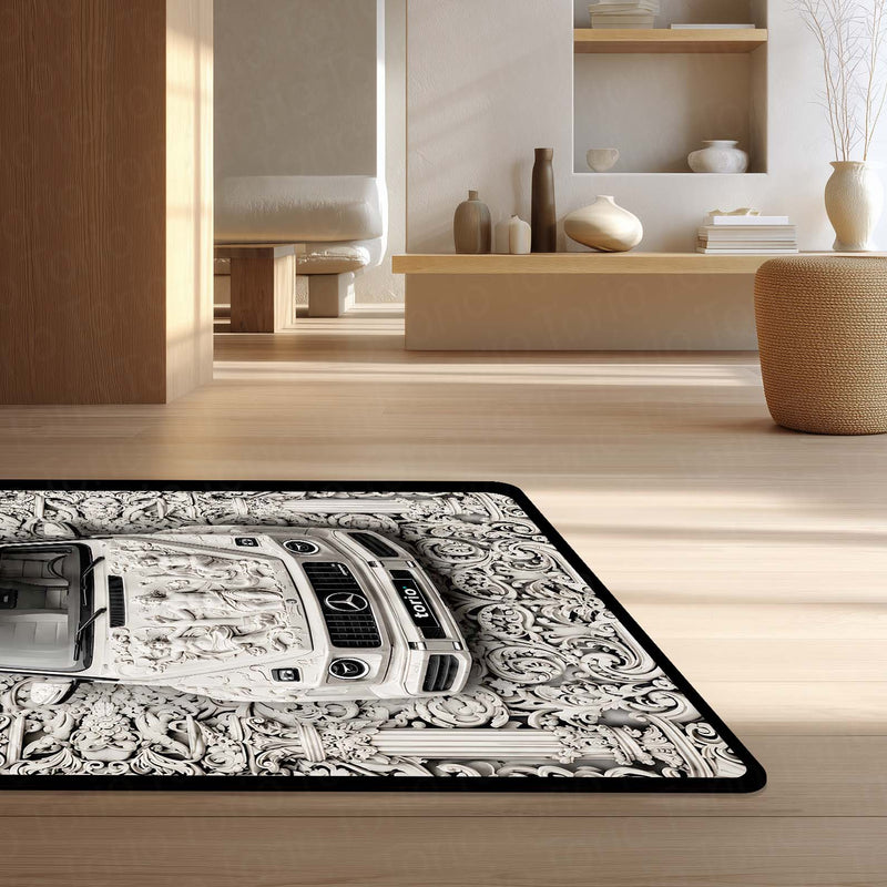 Luxury Marble Sculpture G Wagon Area Rug | Classical Art SUV Floor Mat | Baroque Relief Car Rug for Bedroom, Gaming Room & Luxury Home Decor