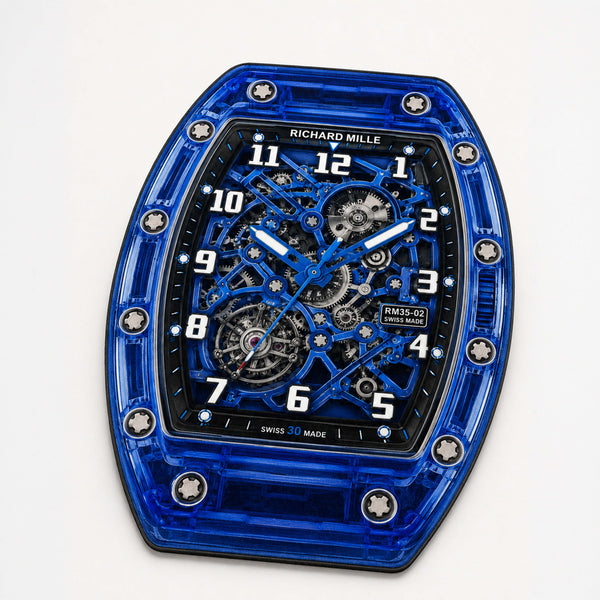Richard Mille RM 35-02 Blue Sapphire Watch Floor Mat (3 mm Thick) | Luxury Skeleton Dial Cut-Out Rug for Bedroom, Gaming Room & Watch Collector Décor