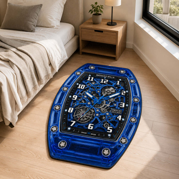 Richard Mille RM 35-02 Blue Sapphire Watch Floor Mat (3 mm Thick) | Luxury Skeleton Dial Cut-Out Rug for Bedroom, Gaming Room & Watch Collector Décor