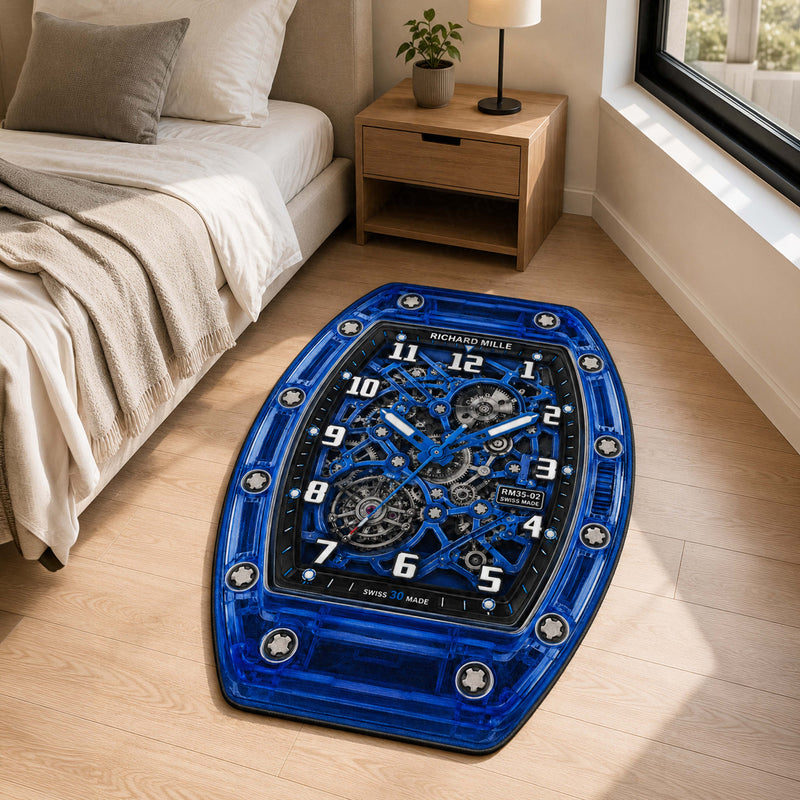 Richard Mille RM 35-02 Blue Sapphire Watch Floor Mat (3 mm Thick) | Luxury Skeleton Dial Cut-Out Rug for Bedroom, Gaming Room & Watch Collector Décor