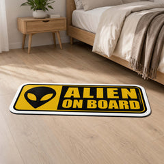 Alien On Board Warning Sign Flat Rug | UFO Alien Head Novelty Flat Rug | Sci-Fi Room & Car Enthusiast Floor Decor