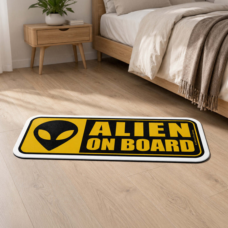 Alien On Board Warning Sign Flat Rug | UFO Alien Head Novelty Flat Rug | Sci-Fi Room & Car Enthusiast Floor Decor