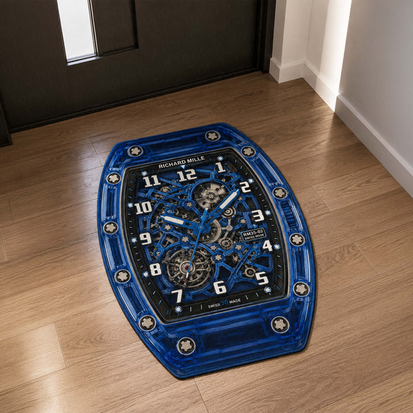 Richard Mille RM 35-02 Blue Sapphire Watch Floor Mat (3 mm Thick) | Luxury Skeleton Dial Cut-Out Rug for Bedroom, Gaming Room & Watch Collector Décor