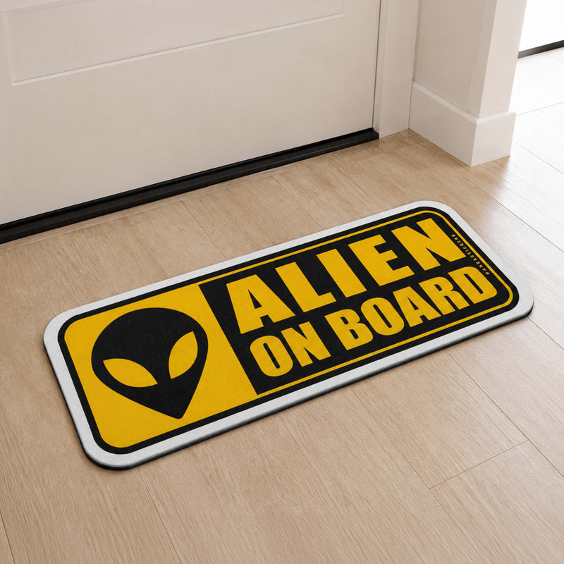 Alien On Board Warning Sign Flat Rug | UFO Alien Head Novelty Flat Rug | Sci-Fi Room & Car Enthusiast Floor Decor