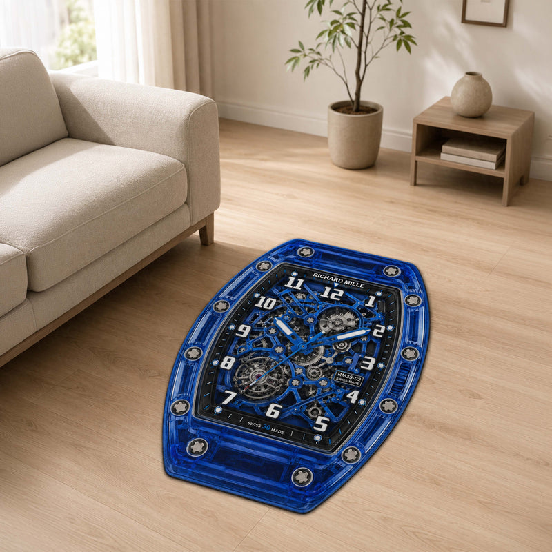 Richard Mille RM 35-02 Blue Sapphire Watch Floor Mat (3 mm Thick) | Luxury Skeleton Dial Cut-Out Rug for Bedroom, Gaming Room & Watch Collector Décor