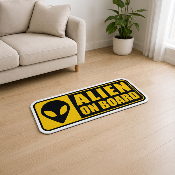Alien On Board Warning Sign Flat Rug | UFO Alien Head Novelty Flat Rug | Sci-Fi Room & Car Enthusiast Floor Decor