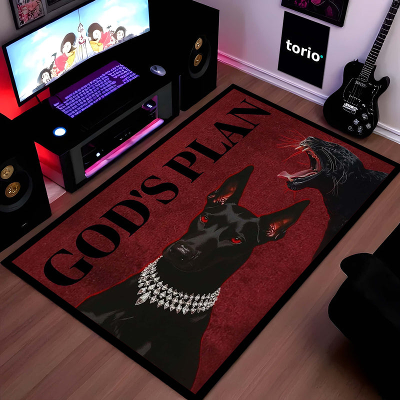 God’s Plan Doberman Dog Area Rug | Attitude Dog Floor Mat | Aesthetic Red Black Rug for Bedroom, Gaming Room & Living Room Decor | Anti Slip Washable 3 mm Thin Carpet