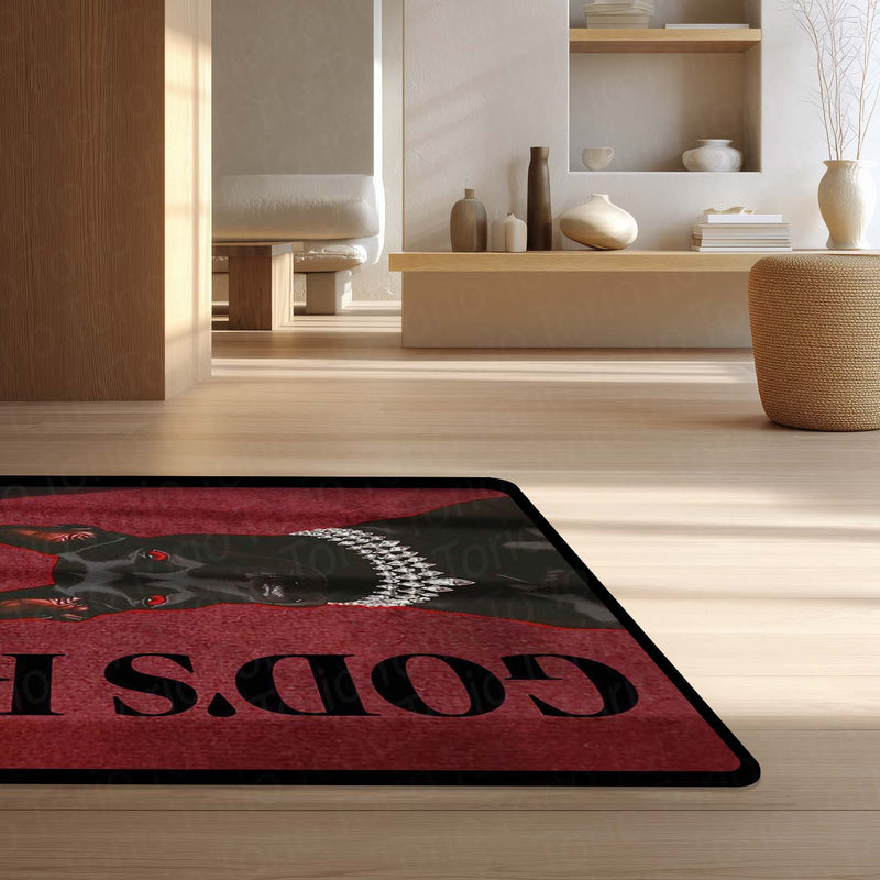 God’s Plan Doberman Dog Area Rug | Attitude Dog Floor Mat | Aesthetic Red Black Rug for Bedroom, Gaming Room & Living Room Decor | Anti Slip Washable 3 mm Thin Carpet