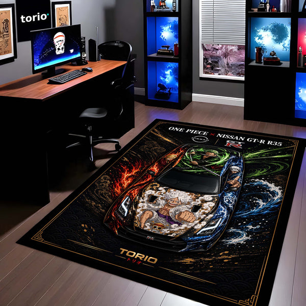 One Piece Nissan GT-R R35 Anime Area Rug | Luffy Gear 5 & Zoro Floor Mat | One Piece Gaming Rug for Bedroom, Gaming Room, Anime Setup & Otaku Decor
