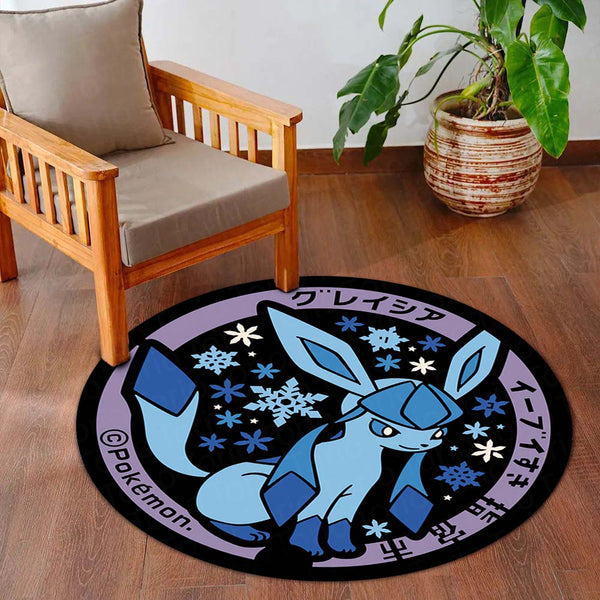 Glaceon Round Rug | Ice-Type Pokémon Inspired Floor Mat | Anti-Slip 3 mm Absorbent Circle Rug for Bedroom, Gaming Room & Anime Decor