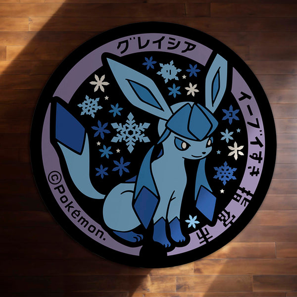 Glaceon Round Rug | Ice-Type Pokémon Inspired Floor Mat | Anti-Slip 3 mm Absorbent Circle Rug for Bedroom, Gaming Room & Anime Decor