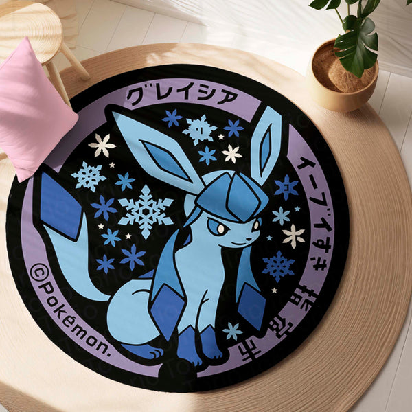Glaceon Round Rug | Ice-Type Pokémon Inspired Floor Mat | Anti-Slip 3 mm Absorbent Circle Rug for Bedroom, Gaming Room & Anime Decor
