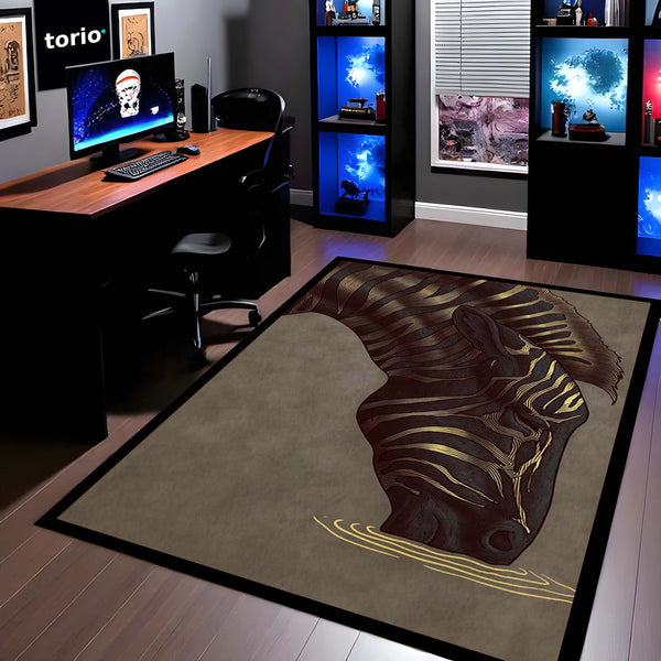 Golden Zebra Art Area Rug | Abstract Animal Design Floor Mat | Luxury Aesthetic Rug for Bedroom, Living Room & Gaming Room Decor | Anti Slip Washable 3 mm Carpet