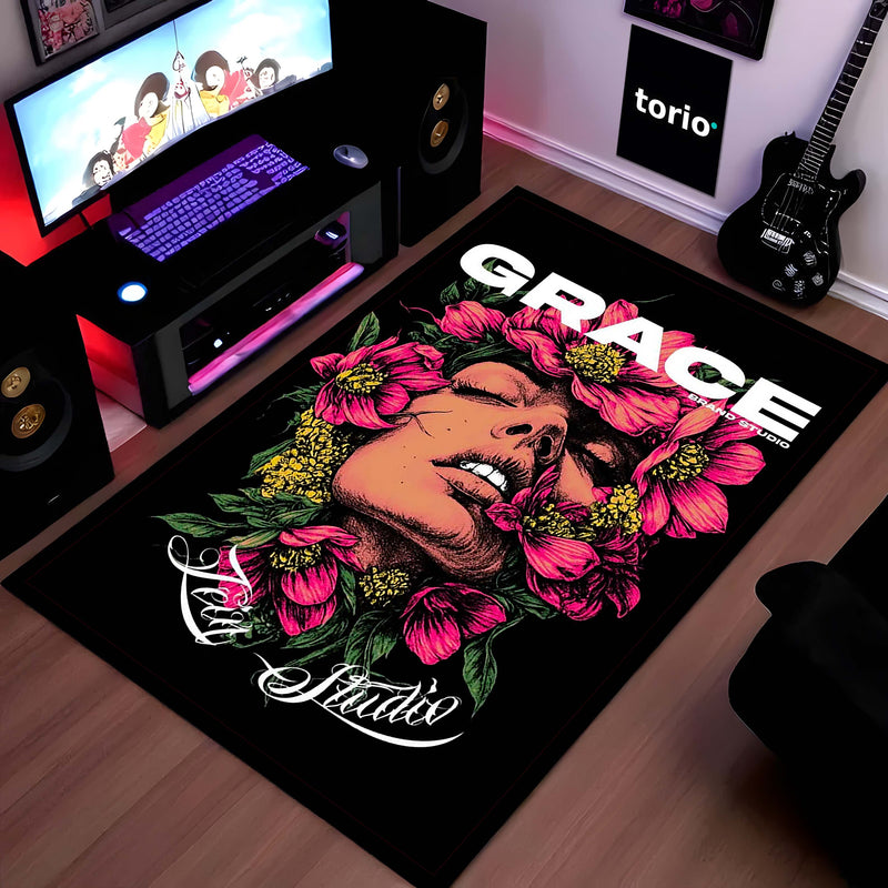 Grace Floral Portrait Area Flat Rug | Elegant Botanical Fashion Artwork Flat Rug | Premium Modern Area Floor Decor