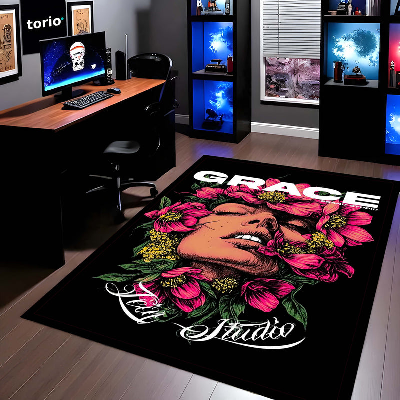 Grace Floral Portrait Area Flat Rug | Elegant Botanical Fashion Artwork Flat Rug | Premium Modern Area Floor Decor
