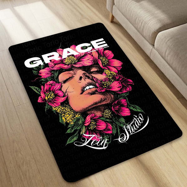 Grace Floral Portrait Area Flat Rug | Elegant Botanical Fashion Artwork Flat Rug | Premium Modern Area Floor Decor