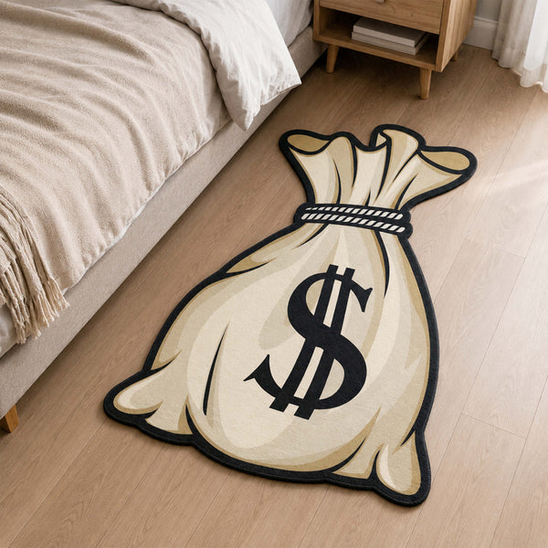 Money Bag Cut-out Flat Rug | Cartoon Cash Sack Floor Rug | Wealth & Hustle-Themed Room Decor