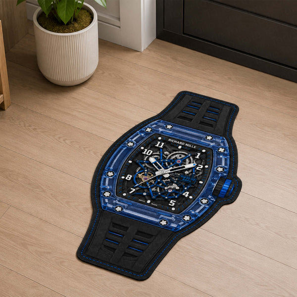 Richard Mille RM 35-02 Blue Sapphire Watch Floor Mat (3 mm Thick) | Luxury Watch Shaped Skeleton Dial Rug for Bedroom, Gaming Room & Watch Collector Décor