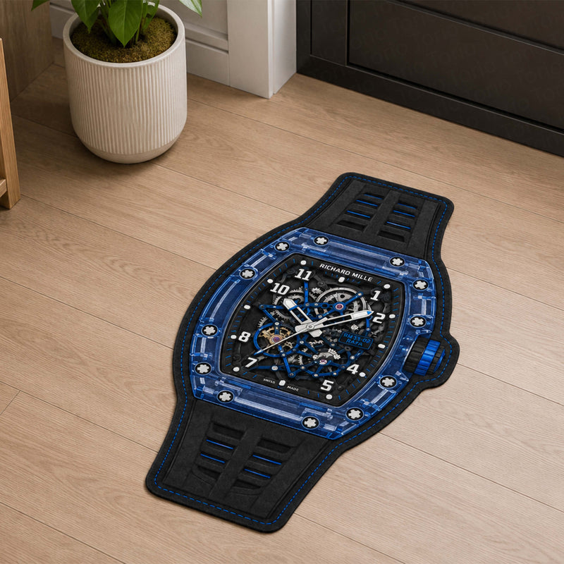 Richard Mille RM 35-02 Blue Sapphire Watch Floor Mat (3 mm Thick) | Luxury Watch Shaped Skeleton Dial Rug for Bedroom, Gaming Room & Watch Collector Décor