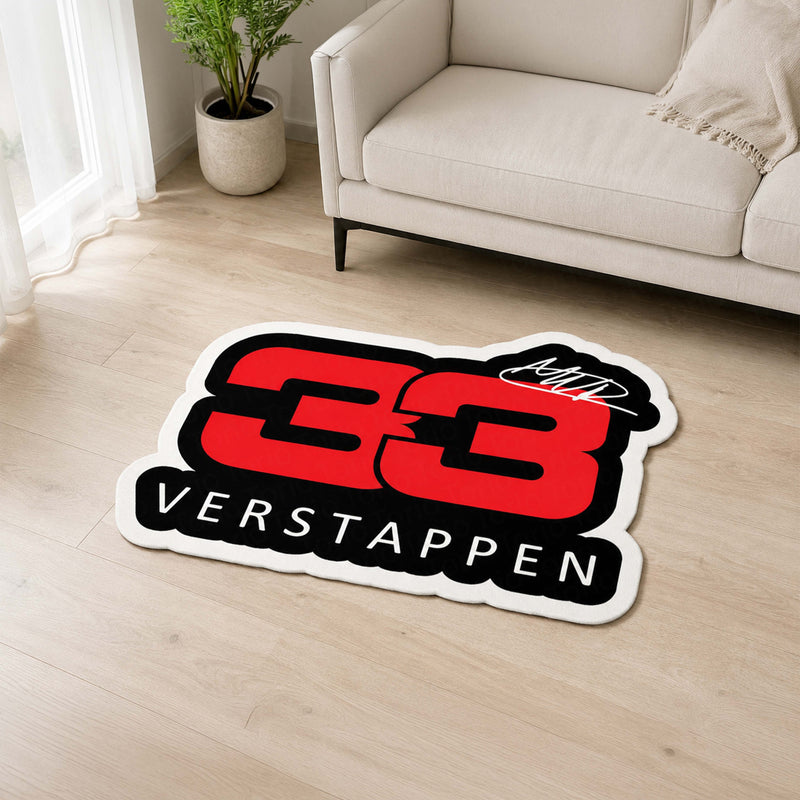 Max Verstappen 33 Formula Racing Flat Rug | Red Number 33 Motorsport Fan Die-Cut Flat Rug | Racing Room Floor Decor