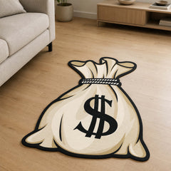 Money Bag Cut-out Flat Rug | Cartoon Cash Sack Floor Rug | Wealth & Hustle-Themed Room Decor