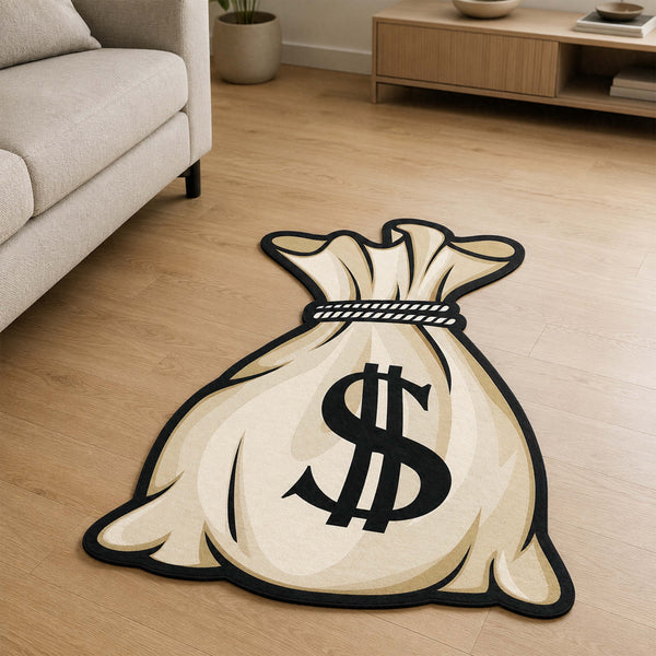 Money Bag Cut-out Flat Rug | Cartoon Cash Sack Floor Rug | Wealth & Hustle-Themed Room Decor