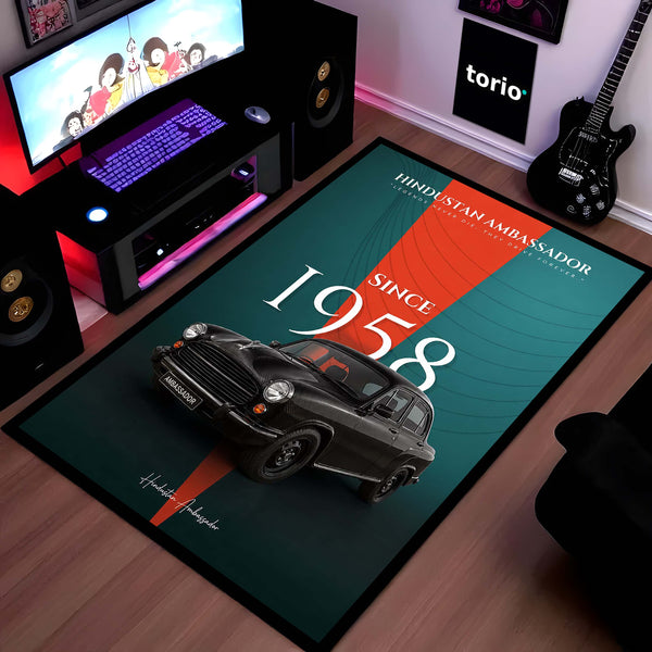Hindustan Ambassador Vintage Car Area Rug | Classic Indian Automobile Floor Mat | Retro Ambassador Car Rug for Living Room, Garage & Car Enthusiast Decor