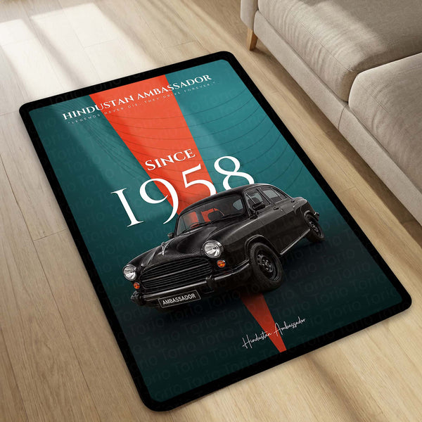 Hindustan Ambassador Vintage Car Area Rug | Classic Indian Automobile Floor Mat | Retro Ambassador Car Rug for Living Room, Garage & Car Enthusiast Decor