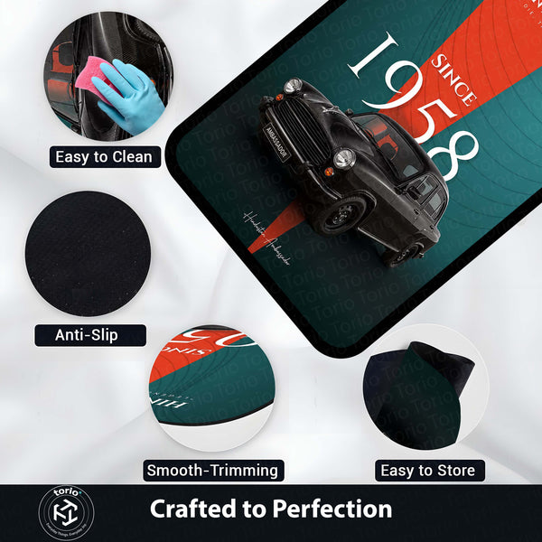 Hindustan Ambassador Vintage Car Area Rug | Classic Indian Automobile Floor Mat | Retro Ambassador Car Rug for Living Room, Garage & Car Enthusiast Decor