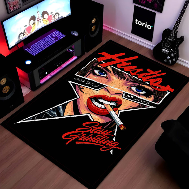 Hustle Street Grind Pop Art Area Flat Rug | Motivational Urban Typography Artwork Flat Rug | Premium Modern Lifestyle Area Floor Decor