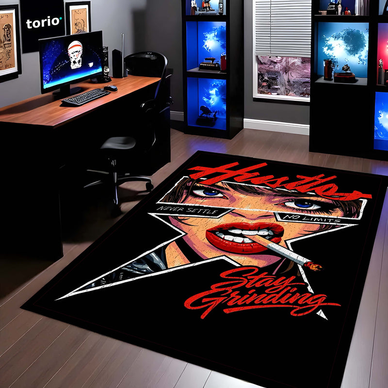 Hustle Street Grind Pop Art Area Flat Rug | Motivational Urban Typography Artwork Flat Rug | Premium Modern Lifestyle Area Floor Decor