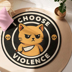 I Choose Violence Cat Round Rug | Funny Angry Cat Meme Floor Mat | Anti-Slip 3 mm Absorbent Circle Rug for Bedroom, Gaming Room & Cute Room Decor