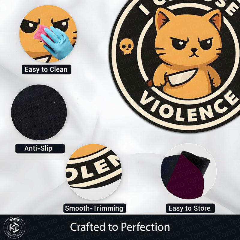 I Choose Violence Cat Round Rug | Funny Angry Cat Meme Floor Mat | Anti-Slip 3 mm Absorbent Circle Rug for Bedroom, Gaming Room & Cute Room Decor