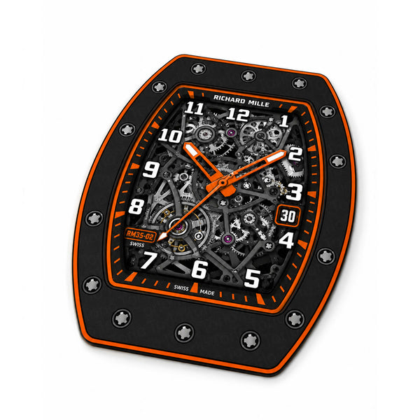 Richard Mille RM 35-02 Orange Skeleton Dial Flat Rug | Luxury Watch Face Area Rug | Premium Mechanical Timepiece Floor Mat for Bedroom, Gaming Room & Collector Décor