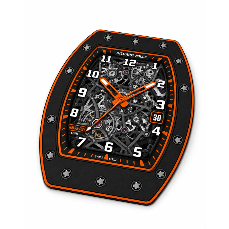 Richard Mille RM 35-02 Orange Skeleton Dial Flat Rug | Luxury Watch Face Area Rug | Premium Mechanical Timepiece Floor Mat for Bedroom, Gaming Room & Collector Décor
