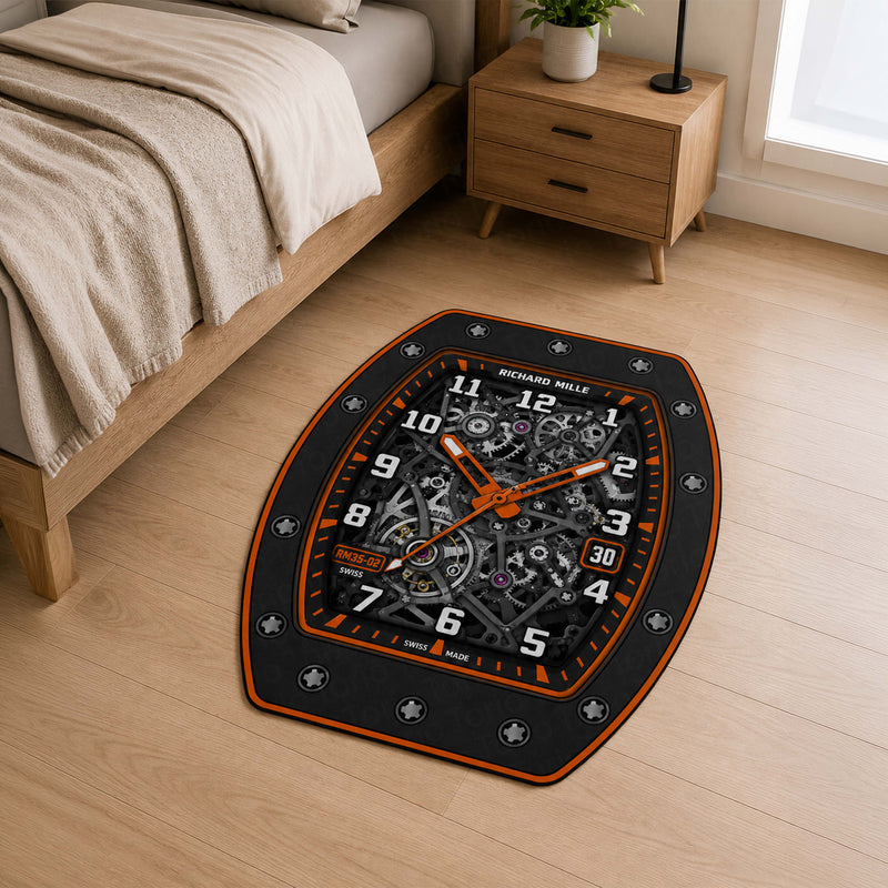 Richard Mille RM 35-02 Orange Skeleton Dial Flat Rug | Luxury Watch Face Area Rug | Premium Mechanical Timepiece Floor Mat for Bedroom, Gaming Room & Collector Décor