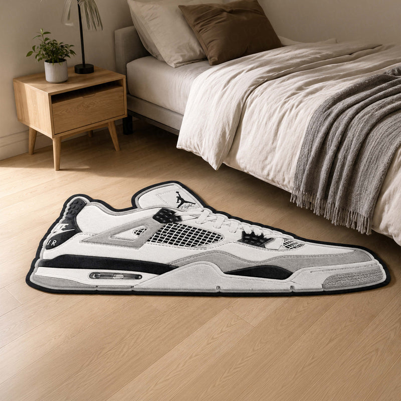 Air Jordan 4 Cut-out Flat Rug | Classic White & Black Sneaker Floor Rug | Premium Streetwear Room Decor