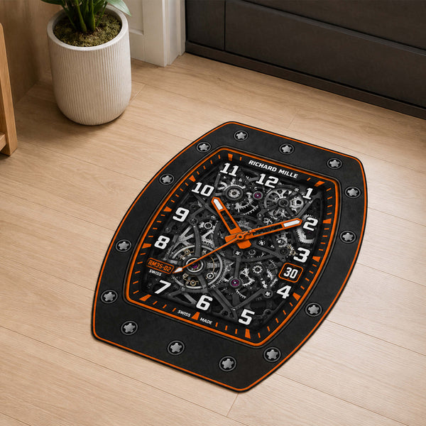 Richard Mille RM 35-02 Orange Skeleton Dial Flat Rug | Luxury Watch Face Area Rug | Premium Mechanical Timepiece Floor Mat for Bedroom, Gaming Room & Collector Décor