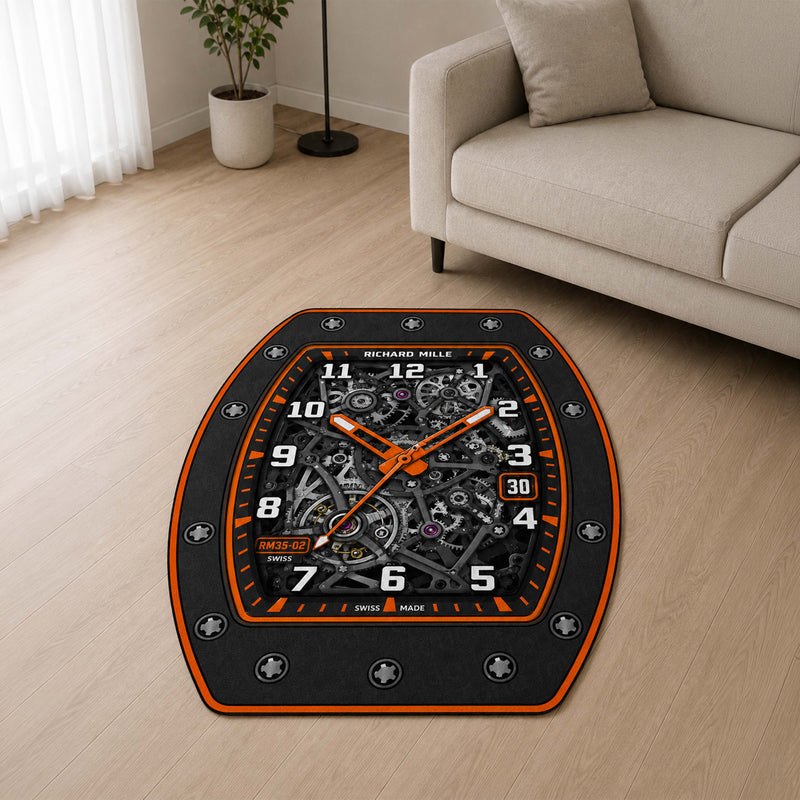 Richard Mille RM 35-02 Orange Skeleton Dial Flat Rug | Luxury Watch Face Area Rug | Premium Mechanical Timepiece Floor Mat for Bedroom, Gaming Room & Collector Décor
