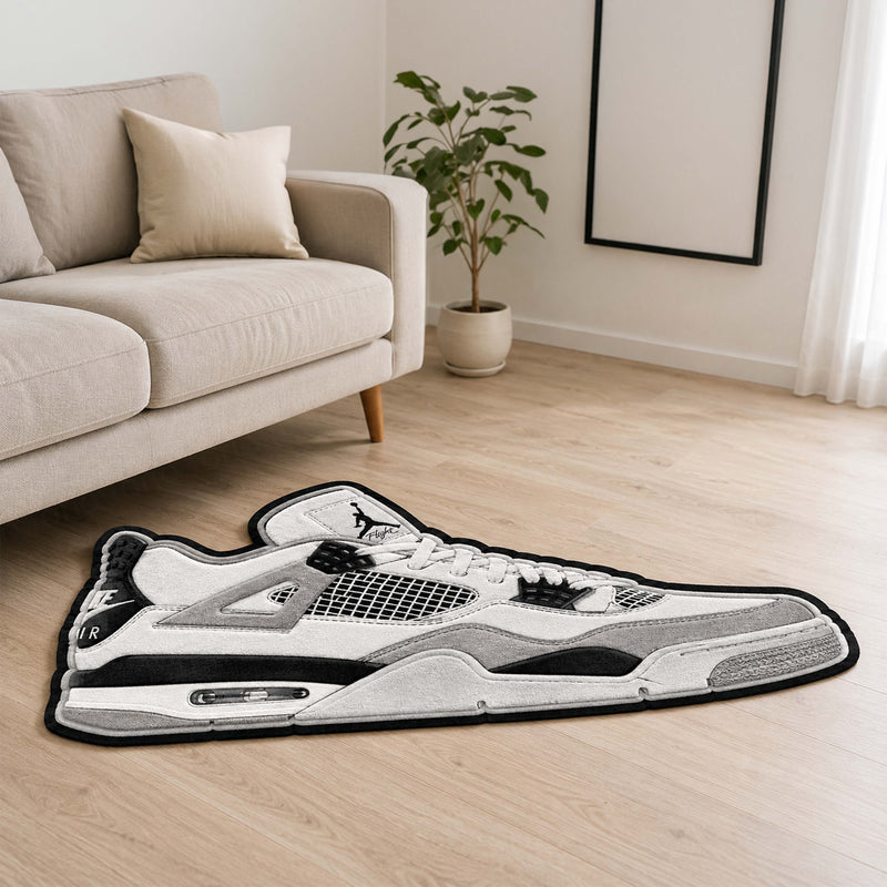 Air Jordan 4 Cut-out Flat Rug | Classic White & Black Sneaker Floor Rug | Premium Streetwear Room Decor