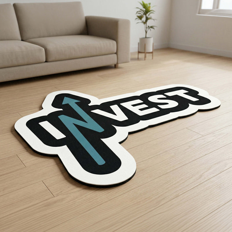 Invest Arrow Statement Floor Mat (3 mm Thick) | Bold Investment Quote Cut-Out Rug for Office, Trading Setup & Entrepreneur Decor