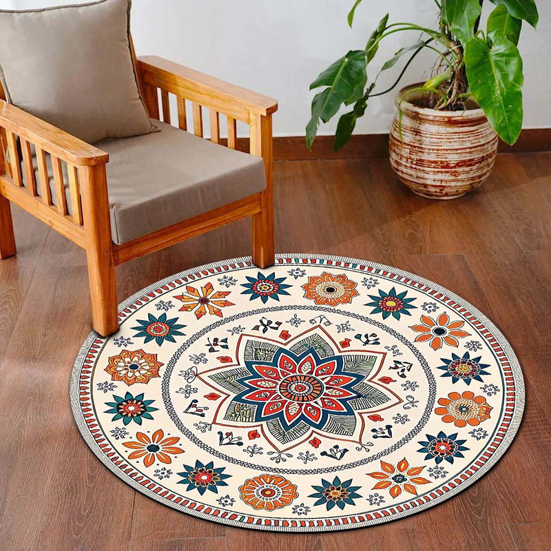 Indian Folk Mandala Circular Floor Mat (3 mm Thick) | Floral Ethnic Round Rug for Living Room, Pooja Room, Bedroom & Home Decor