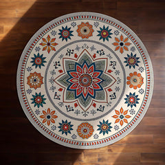 Indian Folk Mandala Circular Floor Mat (3 mm Thick) | Floral Ethnic Round Rug for Living Room, Pooja Room, Bedroom & Home Decor