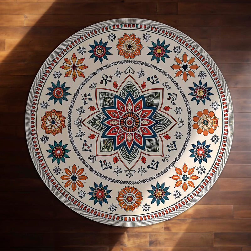 Indian Folk Mandala Circular Floor Mat (3 mm Thick) | Floral Ethnic Round Rug for Living Room, Pooja Room, Bedroom & Home Decor