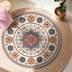 Indian Folk Mandala Circular Floor Mat (3 mm Thick) | Floral Ethnic Round Rug for Living Room, Pooja Room, Bedroom & Home Decor