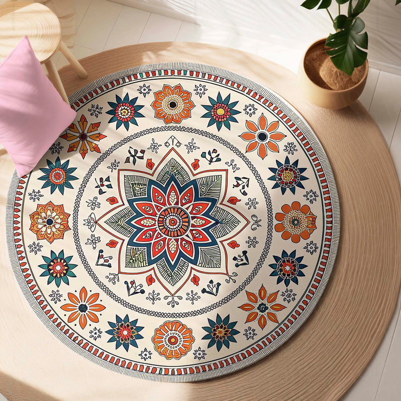 Indian Folk Mandala Circular Floor Mat (3 mm Thick) | Floral Ethnic Round Rug for Living Room, Pooja Room, Bedroom & Home Decor