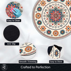 Indian Folk Mandala Circular Floor Mat (3 mm Thick) | Floral Ethnic Round Rug for Living Room, Pooja Room, Bedroom & Home Decor