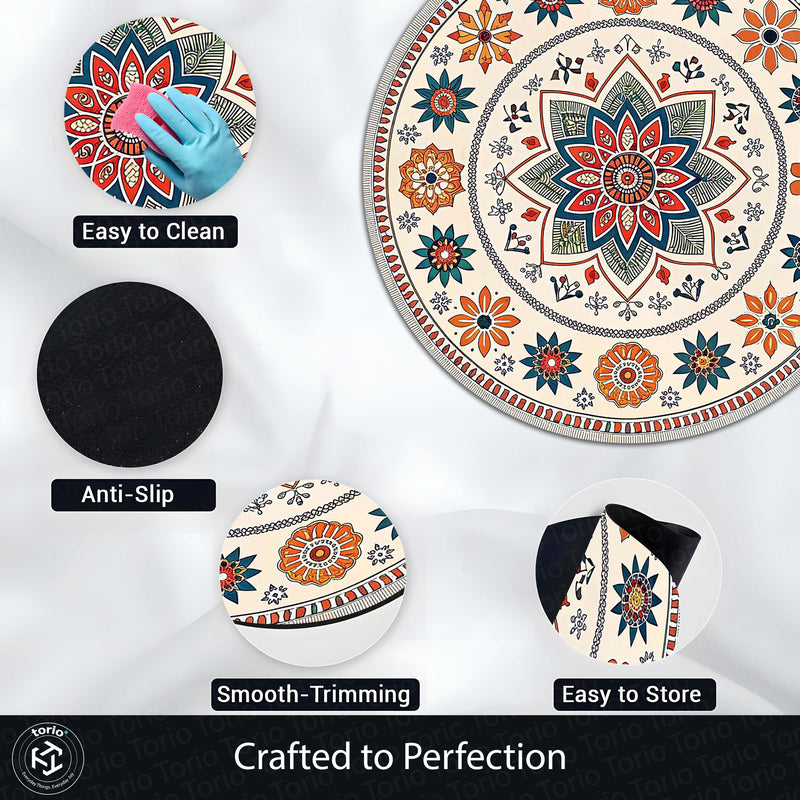 Indian Folk Mandala Circular Floor Mat (3 mm Thick) | Floral Ethnic Round Rug for Living Room, Pooja Room, Bedroom & Home Decor
