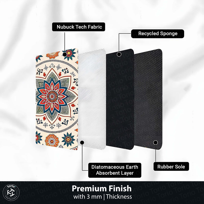 Indian Folk Mandala Circular Floor Mat (3 mm Thick) | Floral Ethnic Round Rug for Living Room, Pooja Room, Bedroom & Home Decor